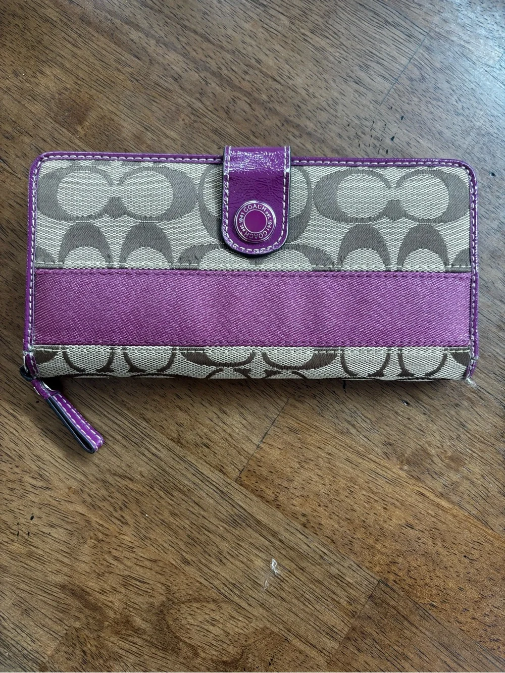 Coach Signature Canvas Purple Stripe Accordion Zip Around Wallet